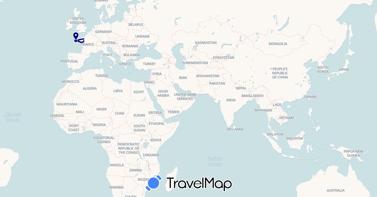 TravelMap itinerary: driving, bus, plane, train, boat in France, Indonesia, Cambodia, Laos, Sri Lanka, Myanmar (Burma), Qatar, Thailand, Vietnam (Asia, Europe)